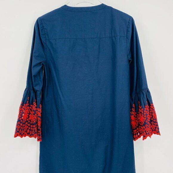 J. Crew Size XS Navy Blue & Red Eyelet Bell Sleeve Shift Dress - Picture 8 of 10